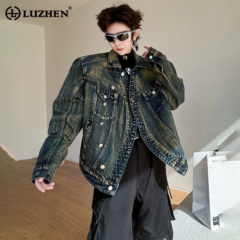 

LUZHEN 2024 New Spring Stylish Shoulder Pad Asymmetric Placket Design Denim Jacket Men's High Street Vintage Washed Coat LZ1219