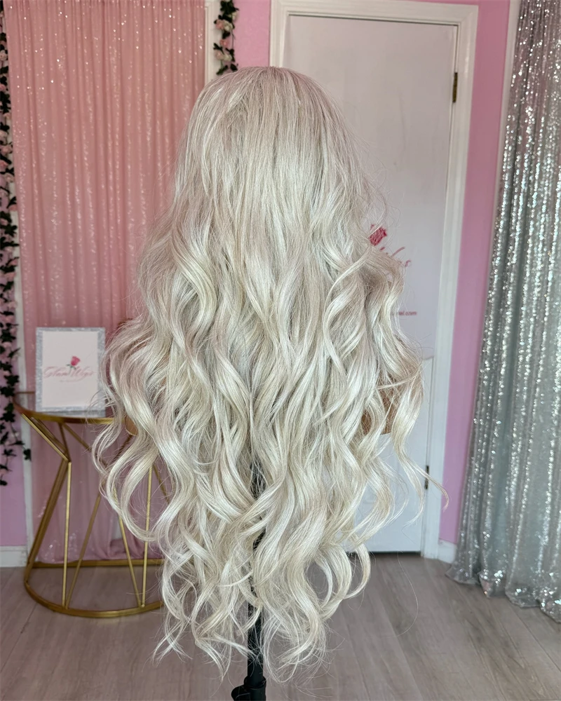Synthetic Human Hair Wig Loose curly Ombre White Blonde with Short Roots Lace Top Wig with Bangs Women Synthetic Premium Fibre Heat Resistant Party Wig synthetic human hair wig
