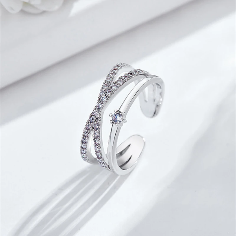 Foxanry Cross Rings for Women Girls Sparkling Zircon Lines Wedding Jewelry Gift