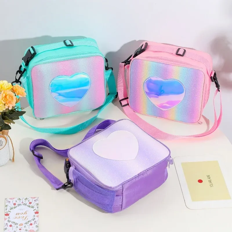 Girl Boy Rainbow Pink Purple Green Lunch Bag for Children Heart Ice Bag Kawaii Portable Thermal Insulated Lunch Box Picnic Bag 3