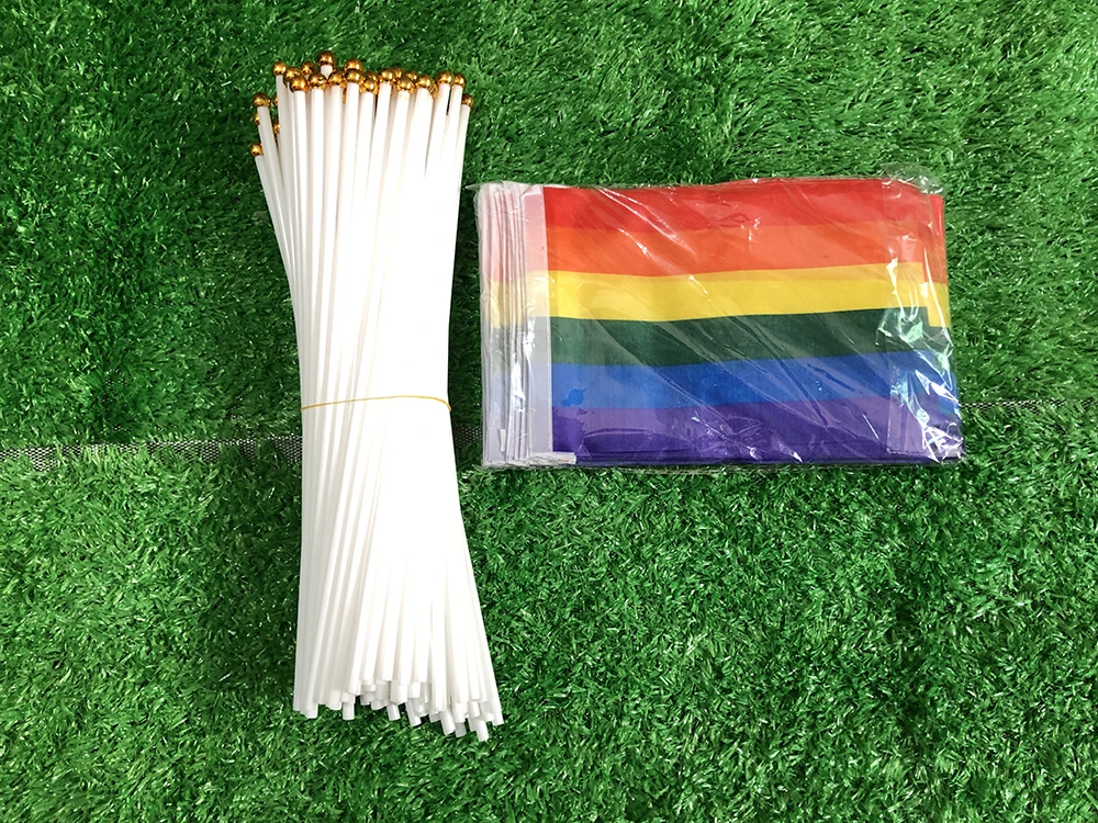 SKY FLAG LGBT-Handflagge, 14 x 21 cm, Regenbogen-Handflagge, schwul, lesbisch, homosexuell, bisexuell, Stolz-Handflagge mit Kunststoffstab – Detail 4