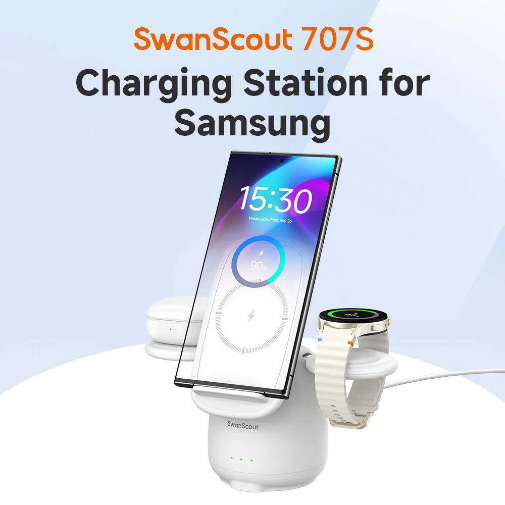 SwanScout 707S Charging Station for Samsung S25+ S24 S23 Z Flip 7 ZFold 7 Wireless Charger for Galaxy Watch Ultra 8 7 Buds 3 Pro