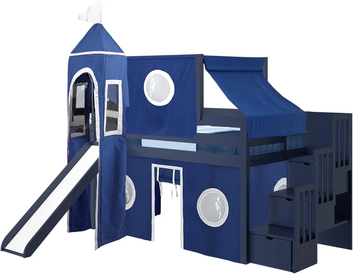 Castle Low Loft Stairway Bed with Slide Blue & White Tent and Tower Loft Bed Twin Suitable for Attic Beds Stairs Slides Only