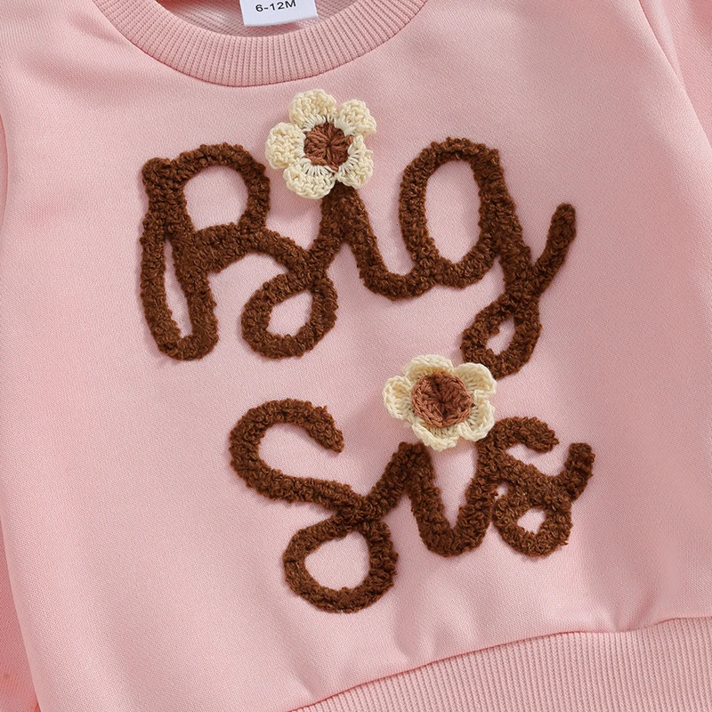 Toddler Kids Baby Girls Sister Matching Outfits Flower Letter Embroidery O-neck Pullover Long Sleeve Rompers/Sweatshirts Clothes 6