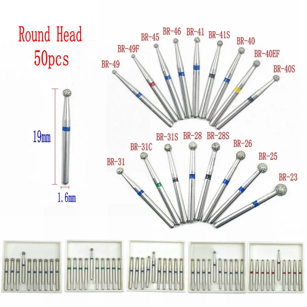 50Pcs/5Boxes Dental Diamond Ball Round Burs Dental High Speed Handpiece Burs Dental Diamond Burs 1.6mm Shank BR Series 10pcs set dental diamond burs drills handle medium 1 6mm dentist teeth whitening drill for high speed handpiece bc 12