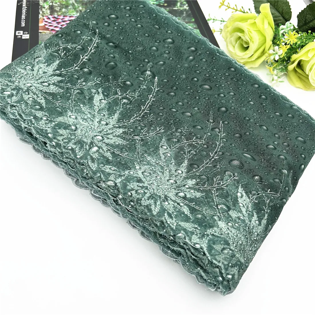 3y/lot Width 19cm Dark Green Shiny Embroidery Lace Trim Wedding For Skirt Hem Clothes Sewing Material DIY Apparel Dress Fabric 1