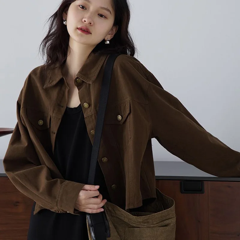 

Casual Basic Jackets Women Fashion Simple Single Breasted Short Shirt Blouse Female Vintage Streetwear Loose Long Sleeve Jacket