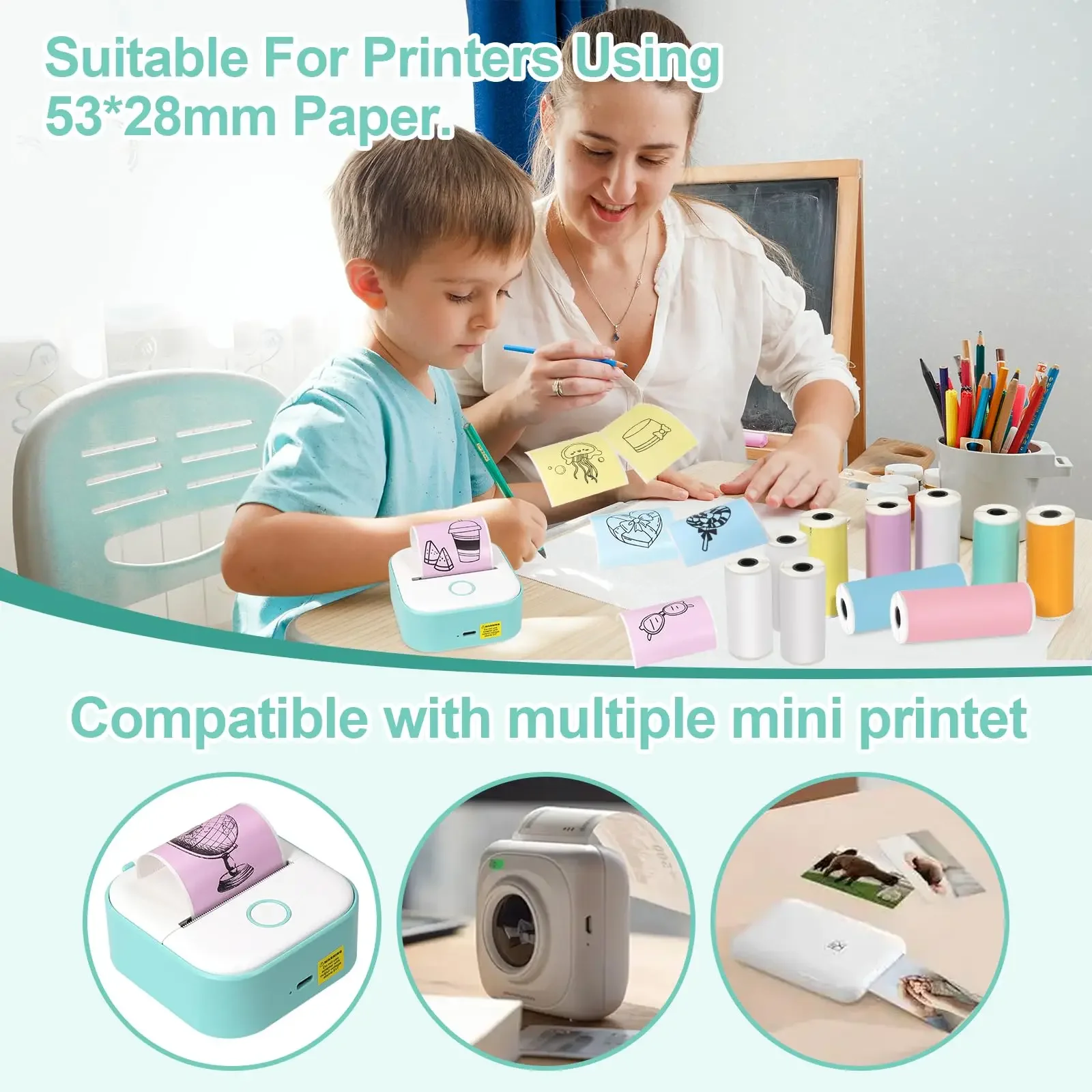 53mm Thermal Paper Self-Adhesive Color Sticker For Mini Thermal Pocket Printers 3-Rolls For Note Text Journal Photo DIY Creation