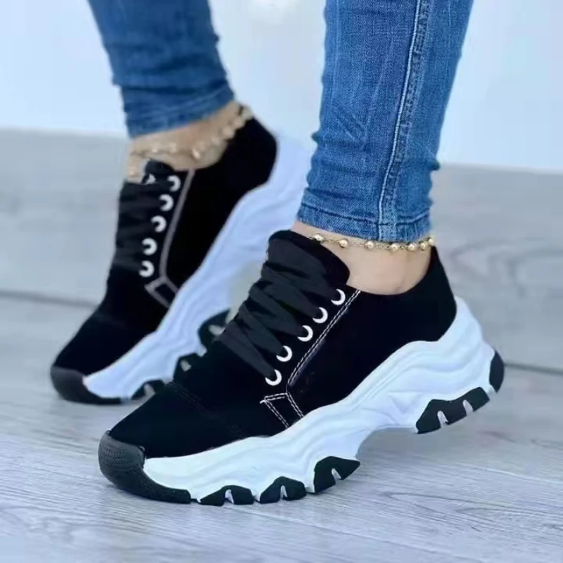 

2023 Hot Sale Shoes for Women Lace Up Vulcanized Shoes Fashion Casual Comfortable Slip-on Flat Shoes Thick-soled Sports Shoes