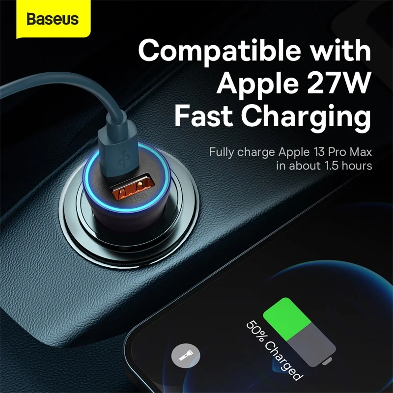Phone Charger Baseus 60W Metal USB Type C Car Quick Charge SCP AFC QC 4.0 PD 27W USBC for iPhone Xiaomi Huawei Samsung