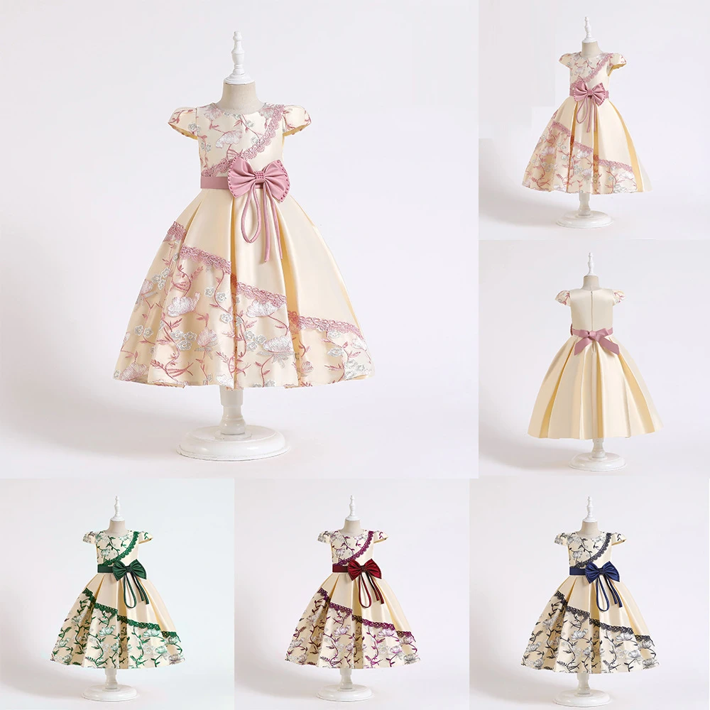 

2023 Satin Embroidery Floral Oblique Lace Pearl Bowknot Short Sleeve Girl Princess Dress Summer Children Party Costume Kids