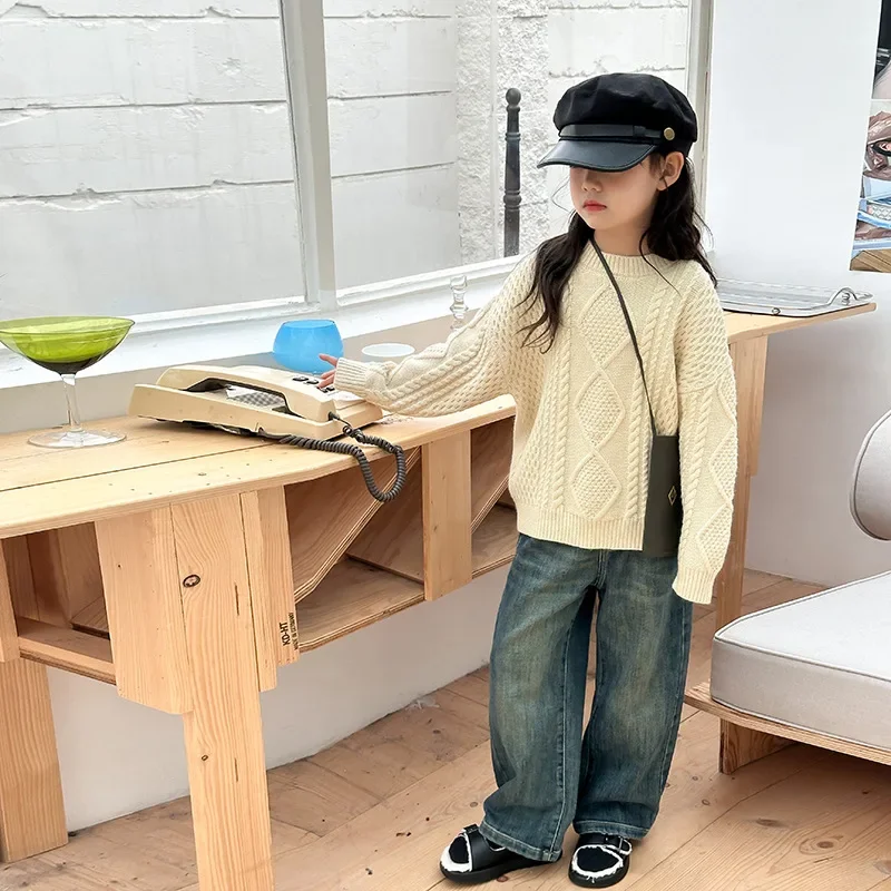 

Children Clothing Girls Soft Sweater Cashmere Korean Style Gentle Knitted Solid Color Comfortable Casual Simple Knitting Top