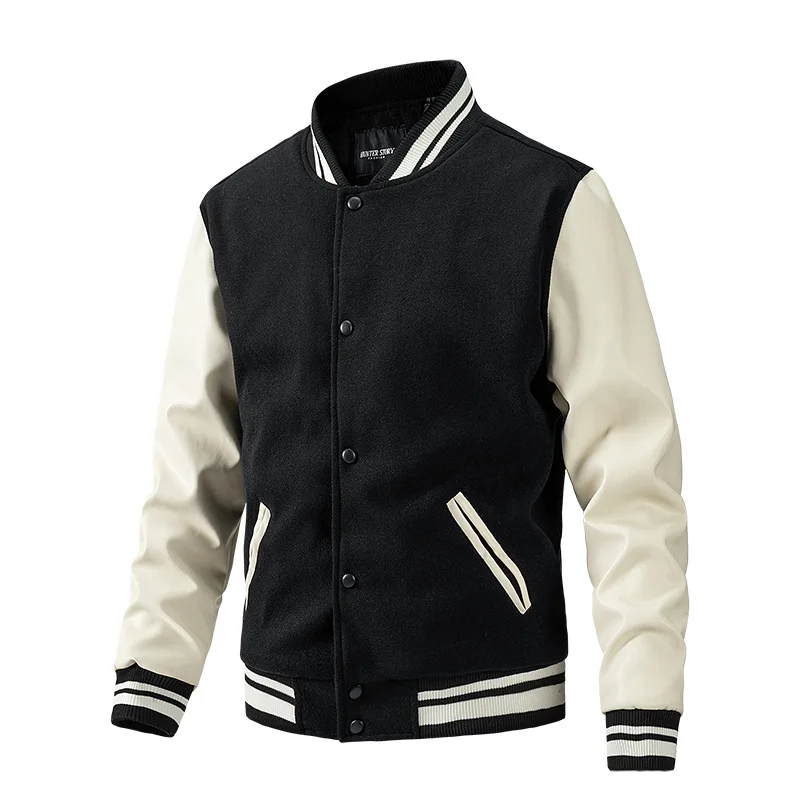 Jacket Men\'s Autumn And Winter Baseball Jacket Men\'s Woolen PU Sleeve Men\'s Jacket Casual Men\'s Clothing Outwear