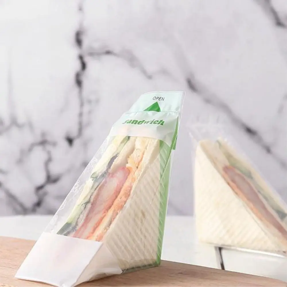 100pcs Plastic Disposable Sandwich Packaging Bag Triangle Transparent Bread Bags Thicken Printed Sandwich Wrappers