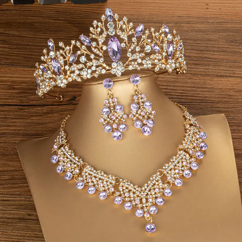 Baroque Golden Purple Crystal Heart Bridal Jewelry Sets Pink Rhinestone