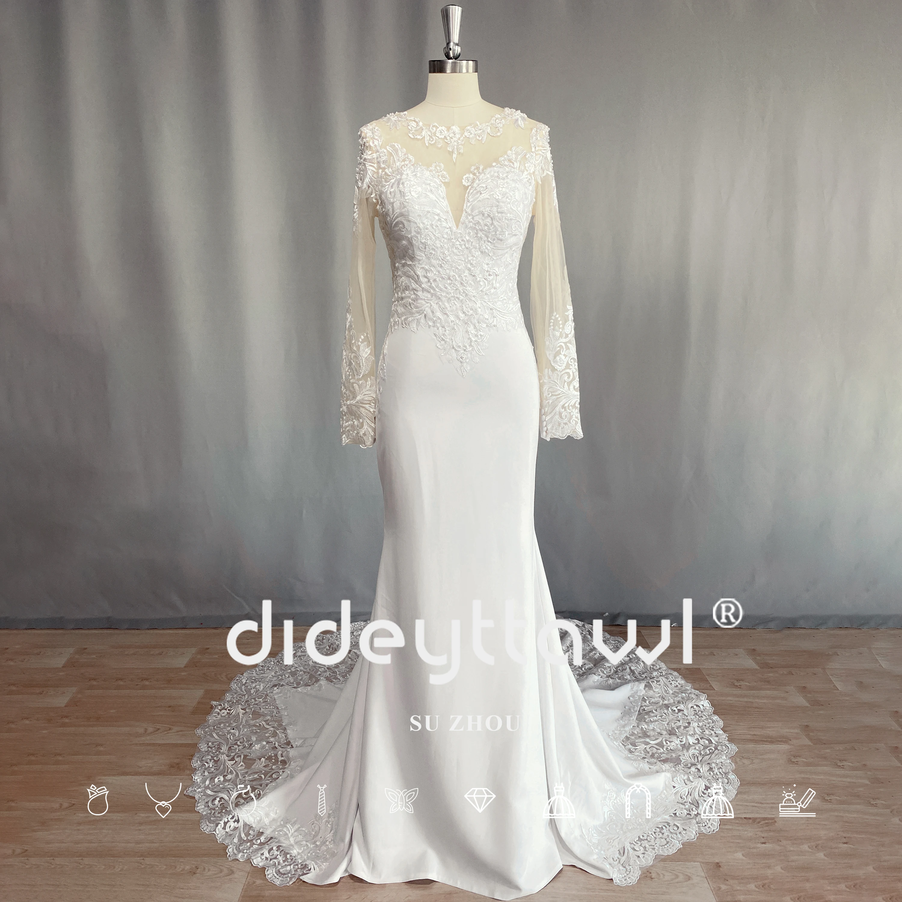 DIDEYTTAWL Real Photo Mermaid Wedding Dress Sheer Neck Illusion Back Sweep Train Long Sleeve Bride Gown Vestido De Noiva