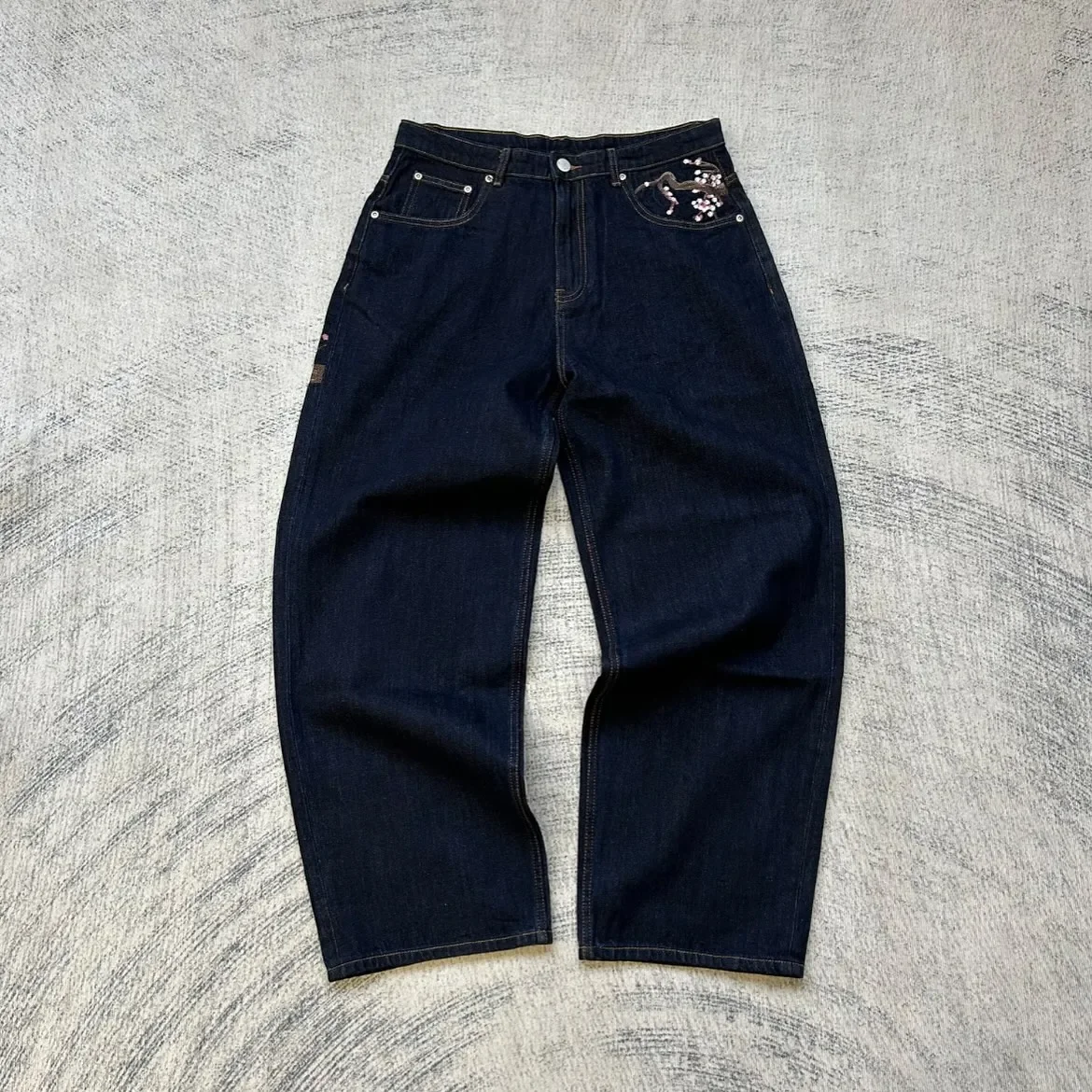 Vintage Low Waist Hip Hop Cherry Blossom Embroidered Jeans Wide Leg Trousers Y2K Clothes Mens Womes Embroidered Baggy Jeans 4