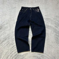 Jean Vintage taille basse Hip Hop brodé de fleurs de cerisier, pantalon à jambes larges, vêtements Y2K pour hommes et femmes, Baggy brodé 4
