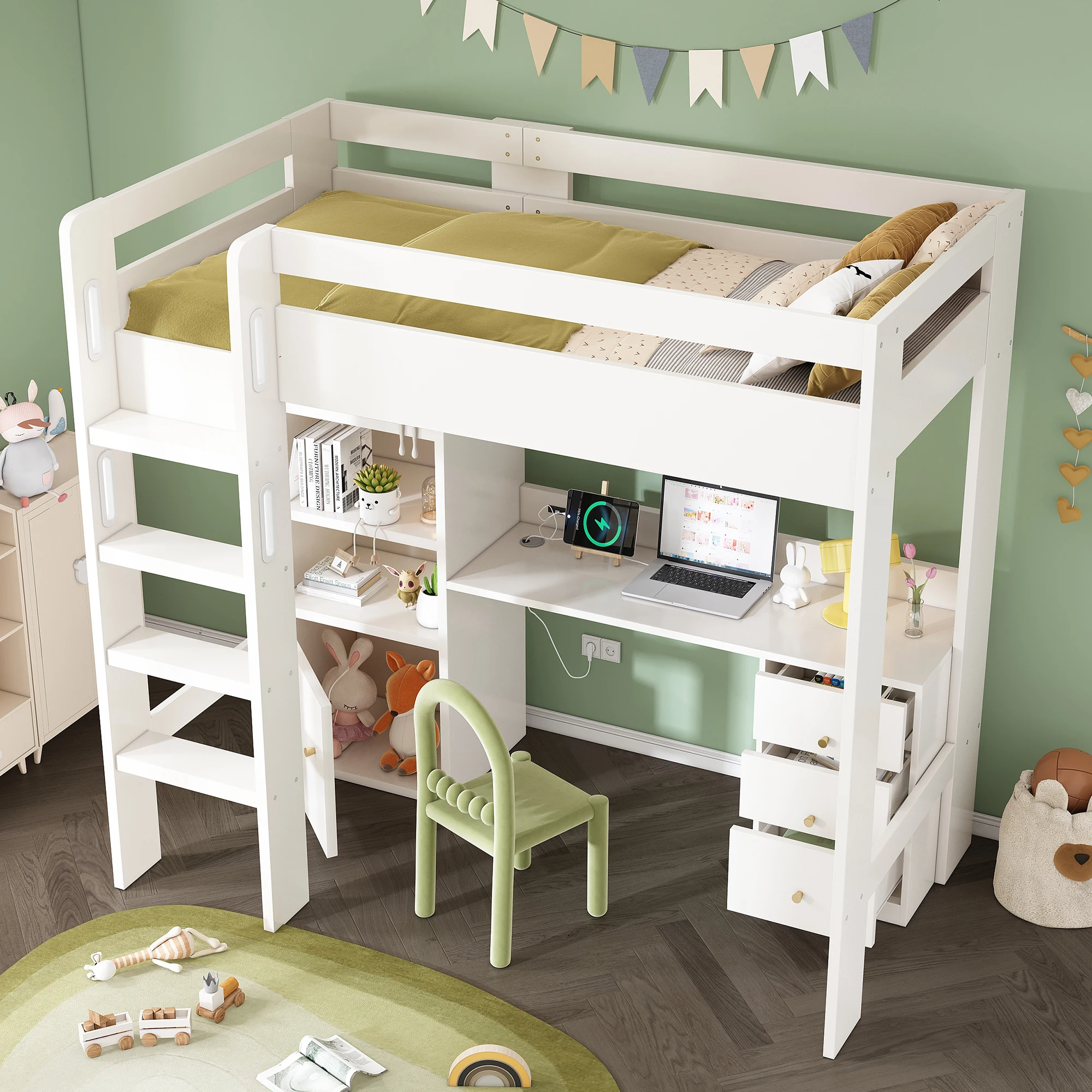 Kinder-Etagenbett mit USB-C, Schreibtisch, Kleiderschrank und Aktenschrank; Jugendbett, Einzelbett mit Treppe und Lattenrost – Detail 9
