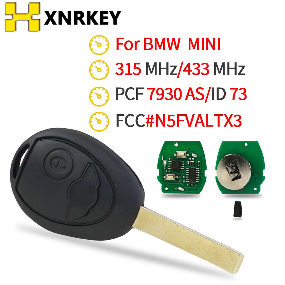 

XNRKEY 2 Button Car Remote Key ID73/PCF7930AS Chip 315/433 Mhz for BMW Mini Cooper S R50 R53 One Full Car Key