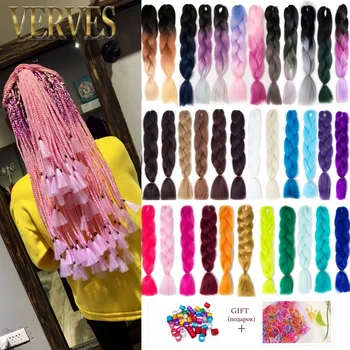 VERVES 24 inch Synthetic Jumbo Braid Ombre Color Braiding Hair 100g/pcs Extension Braids KaneKalon for Asian Women Red Pink Blue