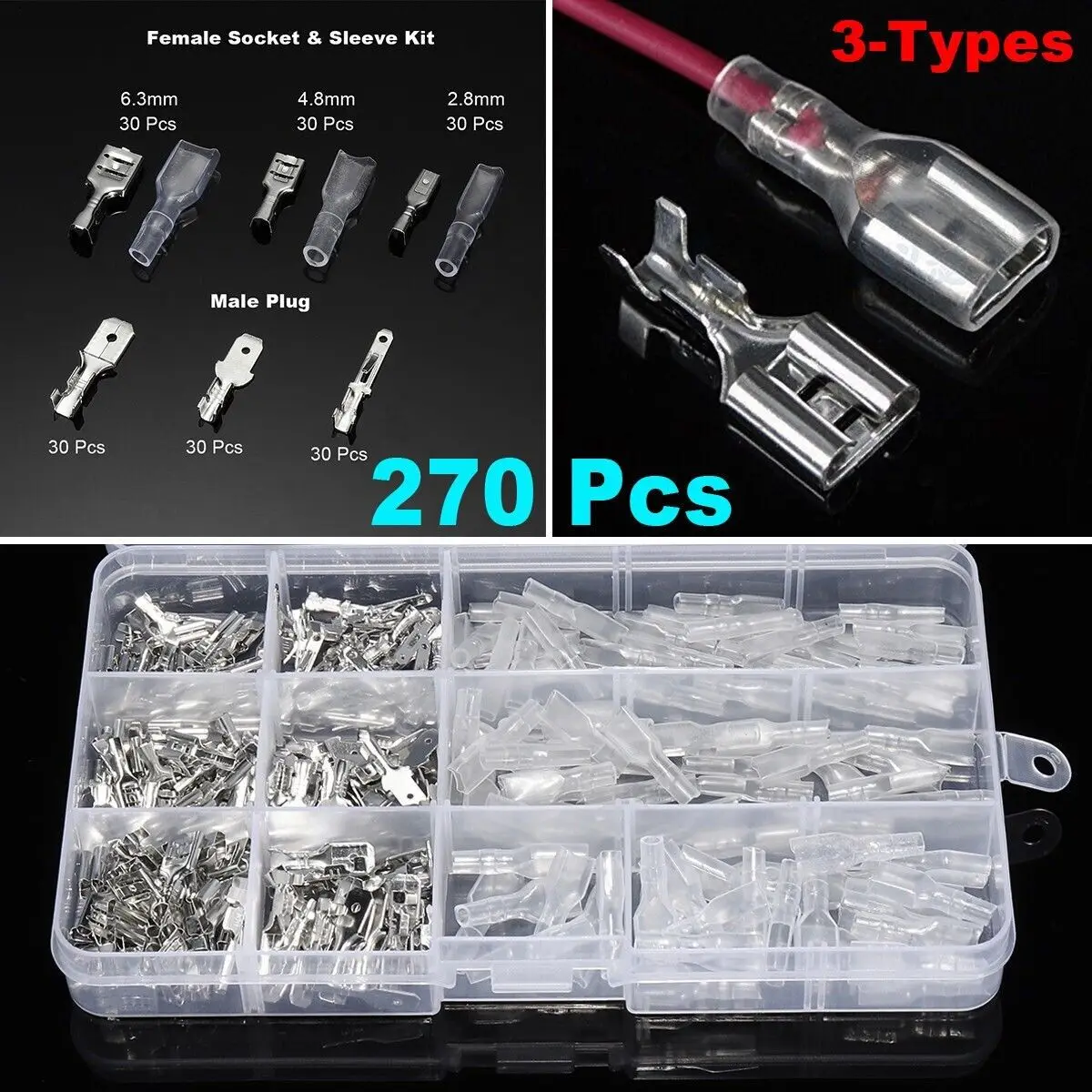 

270PCS Insulated Male Female Wire Connector 2.8/4.8/6.3mm Electrical Wire Crimp Terminals Spade Connectors Assorted Kit with Box