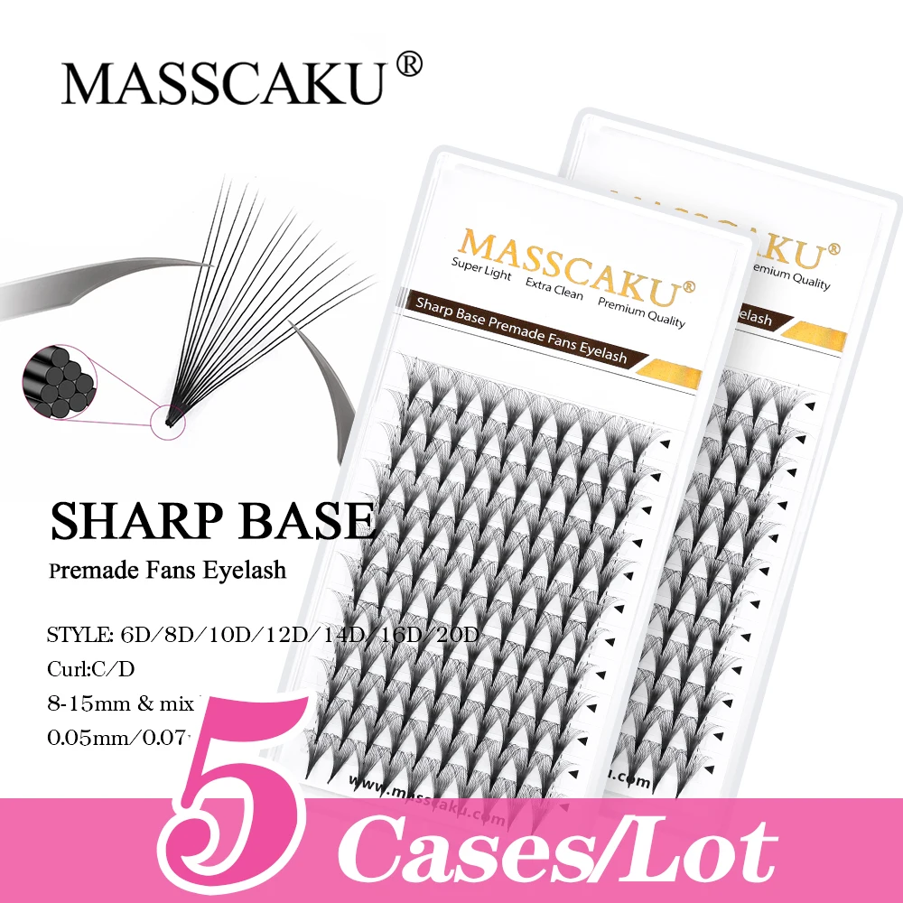 

New 5cases/lot MASSCAKU Premade Wispy Fan Eyelash Extension 0.05/0.07mm Thickness Faux Mink Soft False Lash Premade Volume Fans