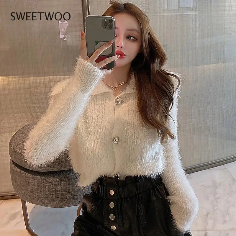 

Korean Chic Fashion Sweet Lapel Long Sleeve White Mohair Cardigan Short Solid Wild Pink Knitted Sweater Top Pull Black Coat 2022