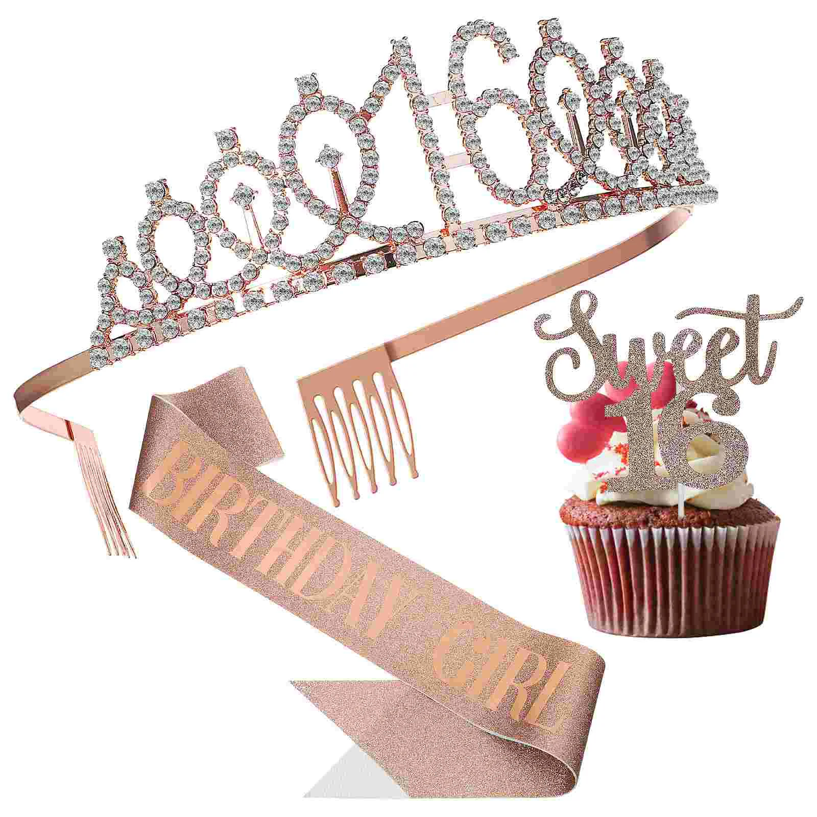 

Birthday Set Party Decor Sweet 16Th Happy Women Sash Decoration Girls Crown Decorations Gifts Cake Crystal Toppers Accessories