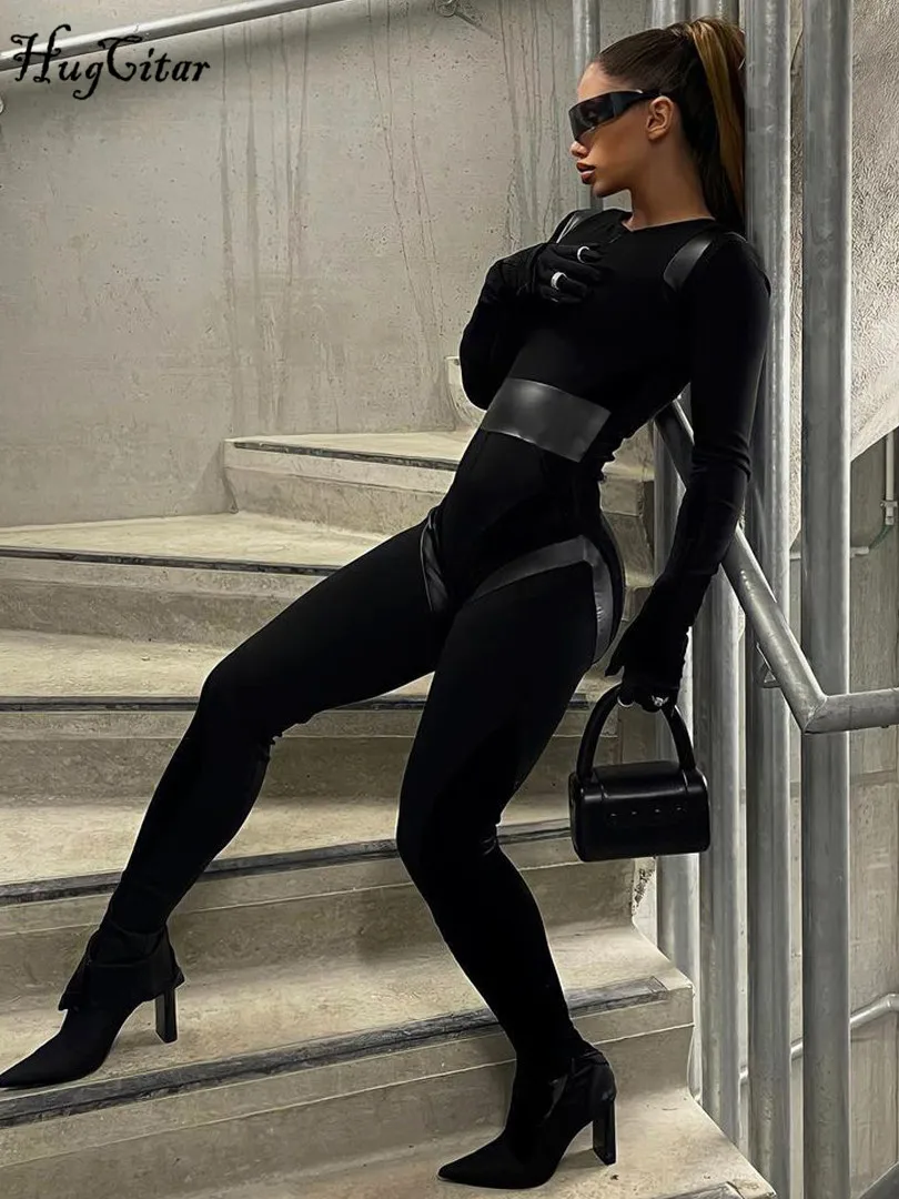 2022 Black Solid O Neck Long Sleeves Zip Up Sexy Bodycon Skinny Jumpsuit Fall Women New Streetwear Sports Y2K Romper