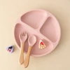 3PCS Silicone Baby Tableware Wooden Handle Fork Spoon Suction Feeding Dishes Baby Meal Tray Feeding Training Sets For Children 3