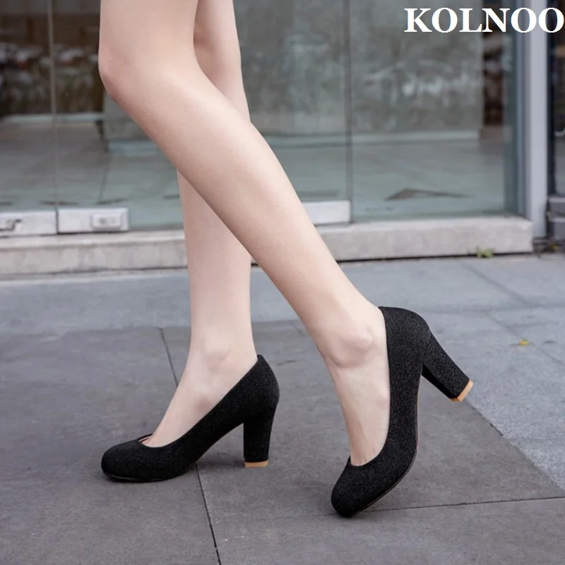 

Kolnoo Handmade Classic Style Ladies Chunky Heel Pumps Round-toe Slip-on Dress Shoes Evening Party Daily Wear Fashion Prom Shoes