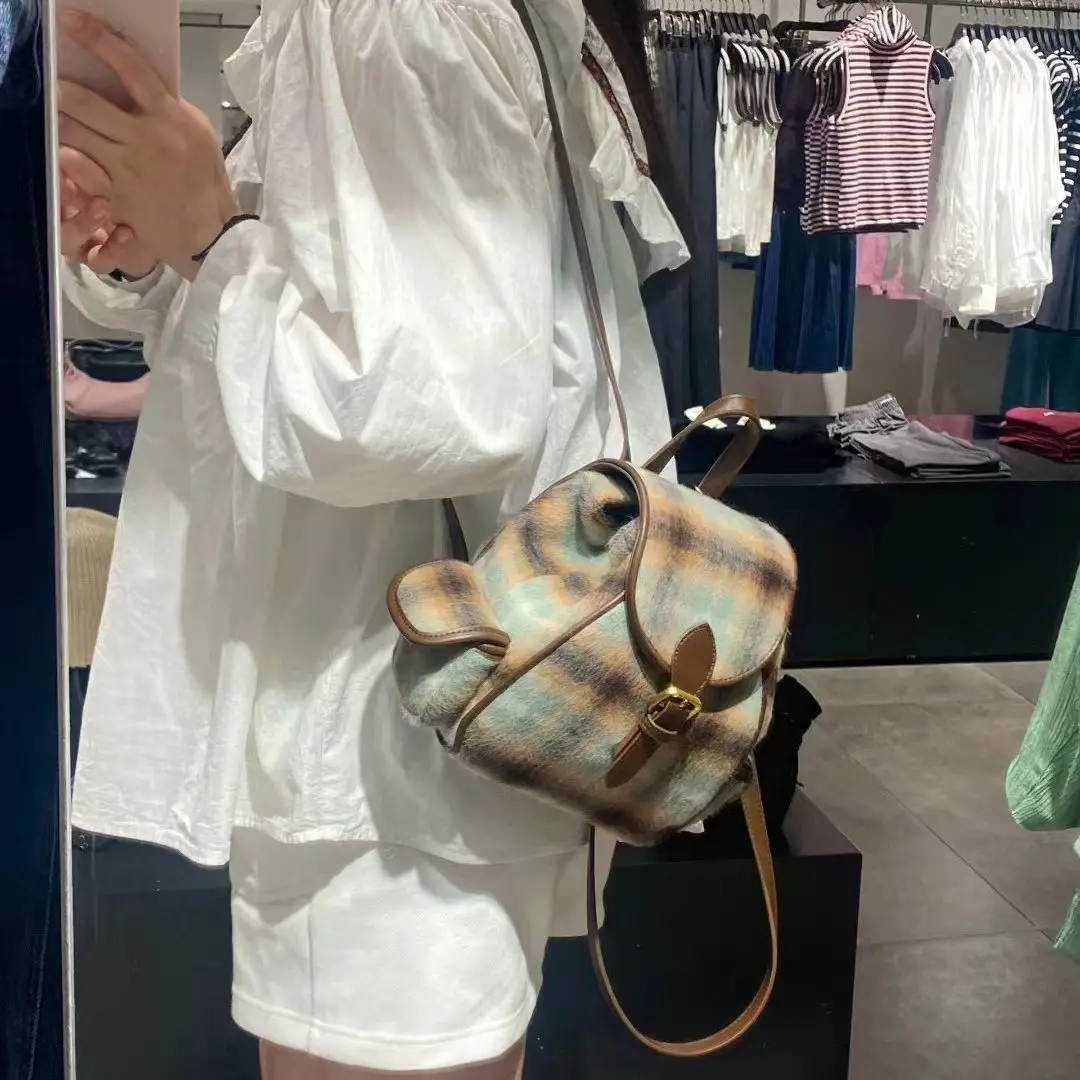 2023 Women's Fashion Retro College Style Suede Backpack Gradient Contrast Color Bag Backpack