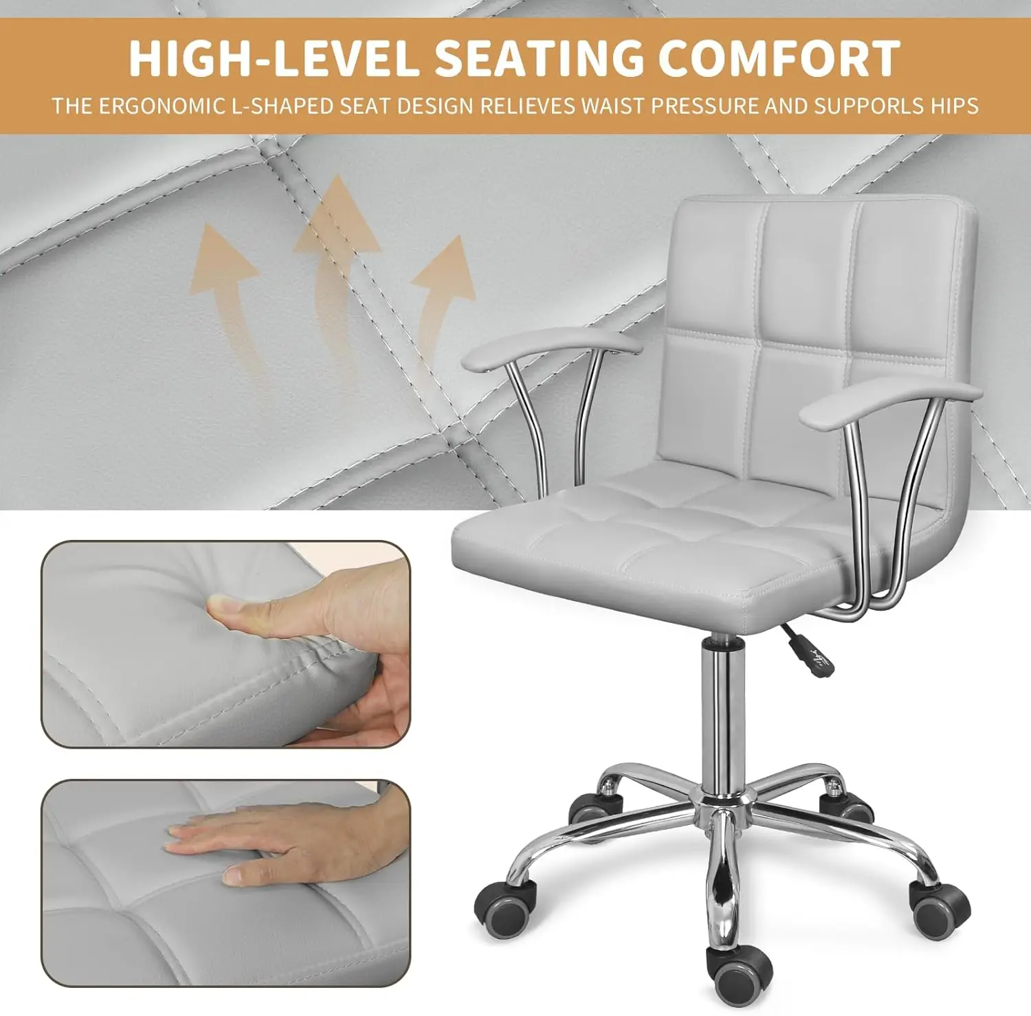 Home Office Desk Chair With Armrest And Wheels, Modern Pu Leather Mid-Back Office Task Chair, Height Adjustable Swivel Computer 4