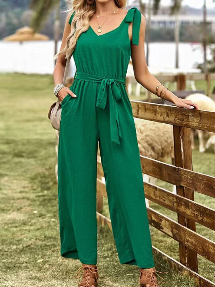 Jumpsuit Women Spring Summer New Fashion Commuter Style Solid Color Sleeveless Suspender with Tie Up Jumpsuit Clothes for Women