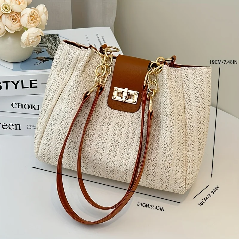 Elegant Women's Woven Fabric Shoulder Bag with Adjustable Chain Strap Front Flap Button Closure Professional Use, Woven Handbag
