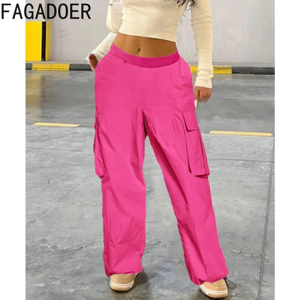 FAGADOER Autumn Casual Solid Color Sporty Jogger Pants Women Elastic High Waisted Pocket Straight Trousers Female Loose Bottoms
