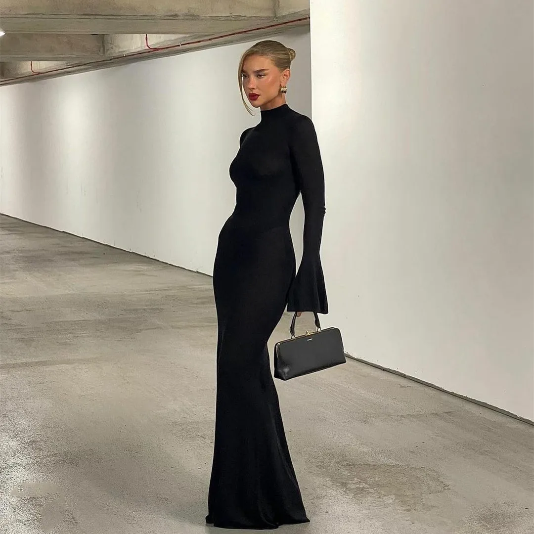 

Elegant Long Black Crepe Evening Dresses Mermaid High Neck Open Back Floor Length Prom Gown Pageant Party Dress