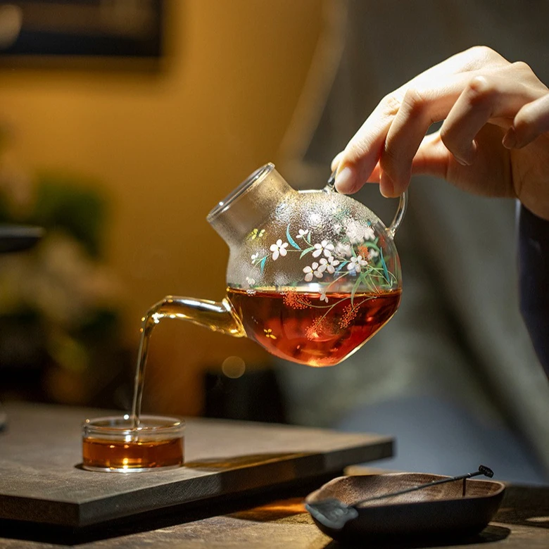 High Borosilicate Glass Teapot Heat Resistant Blooming Flower Design Gongfu Tea Set with Filter Stove Top Safe Handled