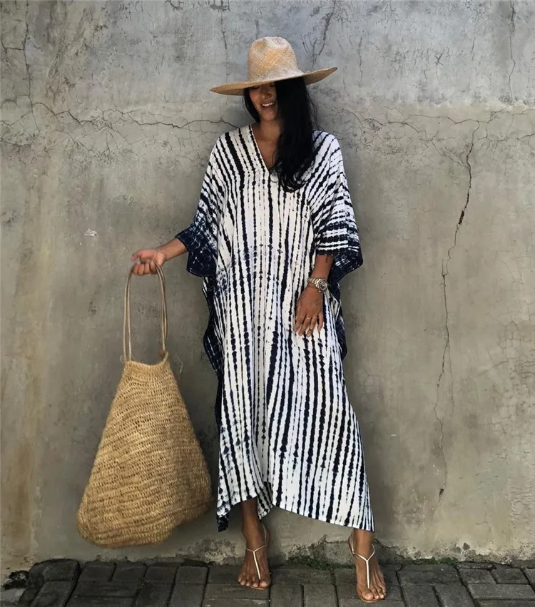 2023Summer Bohemian Striped Print Women Beach Dress Bathing Suit Cover Up Summer Tunic for Woman Beachwear Robe De Plage Kaftan