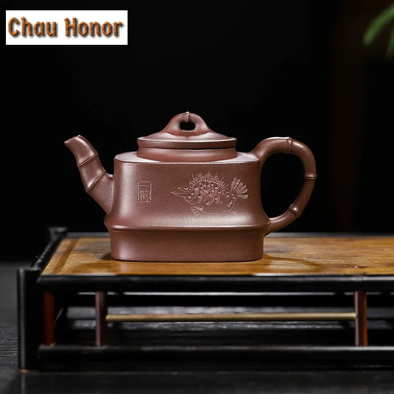 220ml Yixing Purple Clay Teapots Famous Artists Handmade Bamboo Joint Square Pot Raw Ore Mud Kettle Zisha Tea Set Ornaments Gift