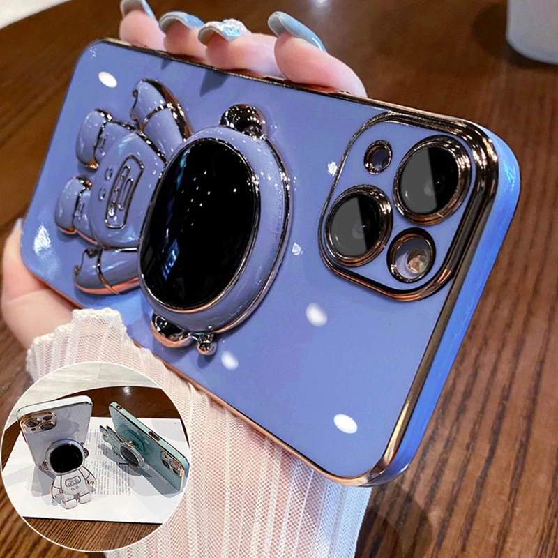 iphone 11 Pro Max clear case Astronaut Fold Stand Holder Phone Case for IPhone 11 12 13 Pro Max Mini XS XR X 7 8 Plus SE 2020 6 6S Luxury Plating Soft Cover iphone 11 Pro Max cover case