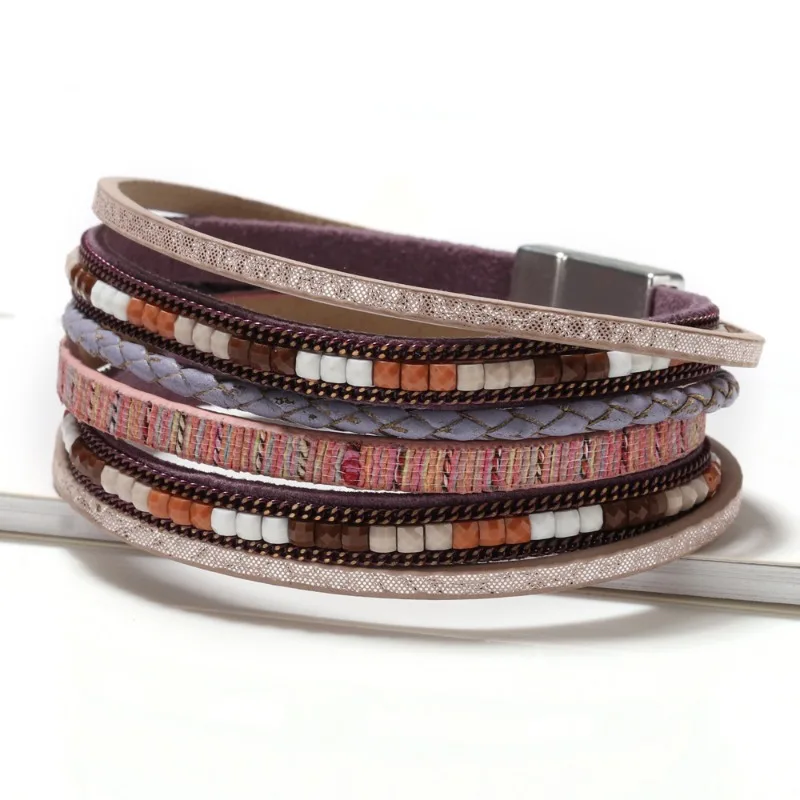 Vintage Bohemian Handwoven Leather Layered Bracelet for Women Men Fashion Alloy Magnetic Buckle Bracelet Bangles for Women