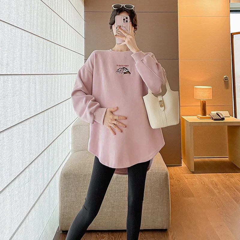 Autumn Maternity Hoodies Fashion Embroidery Long Loose Irregular Pregnant Woman Sweatshirt Plus Size Pregnancy Pullover Top
