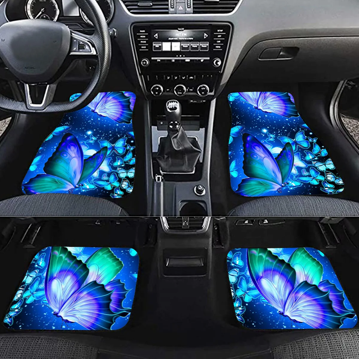 

Набор из 4-х предметов ковриков для автомобиля с синей бабочкой, черные аксессуары для салона автомобиля, ковры, передние и задние, все прочные и мягкие