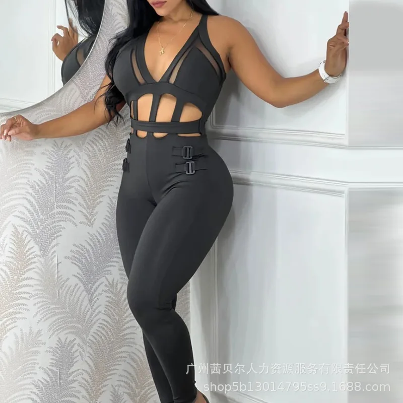 Women's Jumpsuit 2025 Summer New Sleeveless New Fashionable Hollow Camisole Buckle Comparison Mesh Tight Jumpsuit