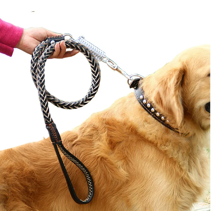 

120cm Leather Braided Dog Leash Black Padded Handle Pet Walking Running Leads with Spring Buffer for Medium Large Dogs Labrador
