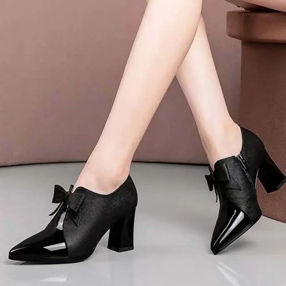 Women Shoes High Heel  New Fashion Bowknot Square Heel Pumps Women Retro Large Size Pointed Shoes for Women Zapatos De Mujer 2