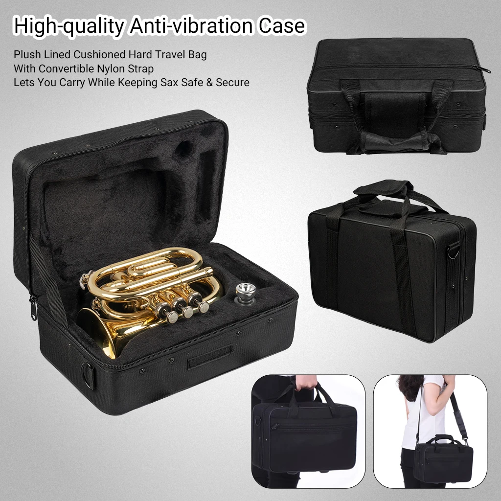 Professional Pocket Trumpet Tone Flat B Bb Brass Music Instruments Mouthpiece Gloves Cloth Brush Grease Case Woodwind Instrument