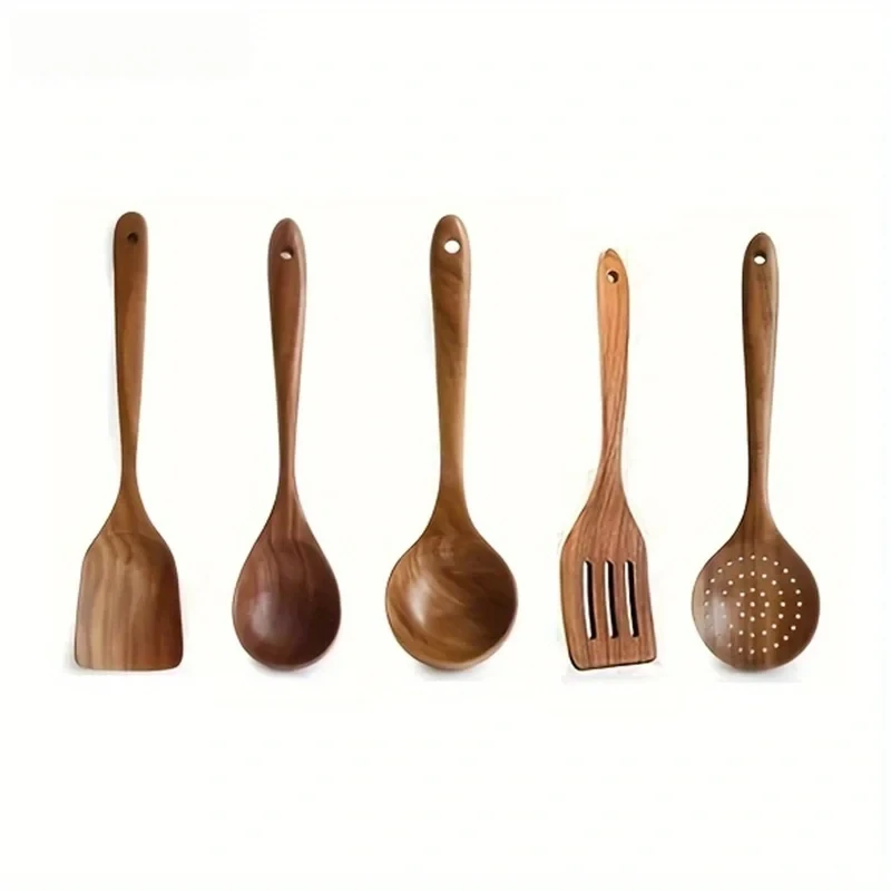 Durable Eco-Friendly Thailand Teak Cooking Spoon Ladle Turner Rice Colander Soup Skimmer 5-7PCS Wooden Kitchen Utensils Set